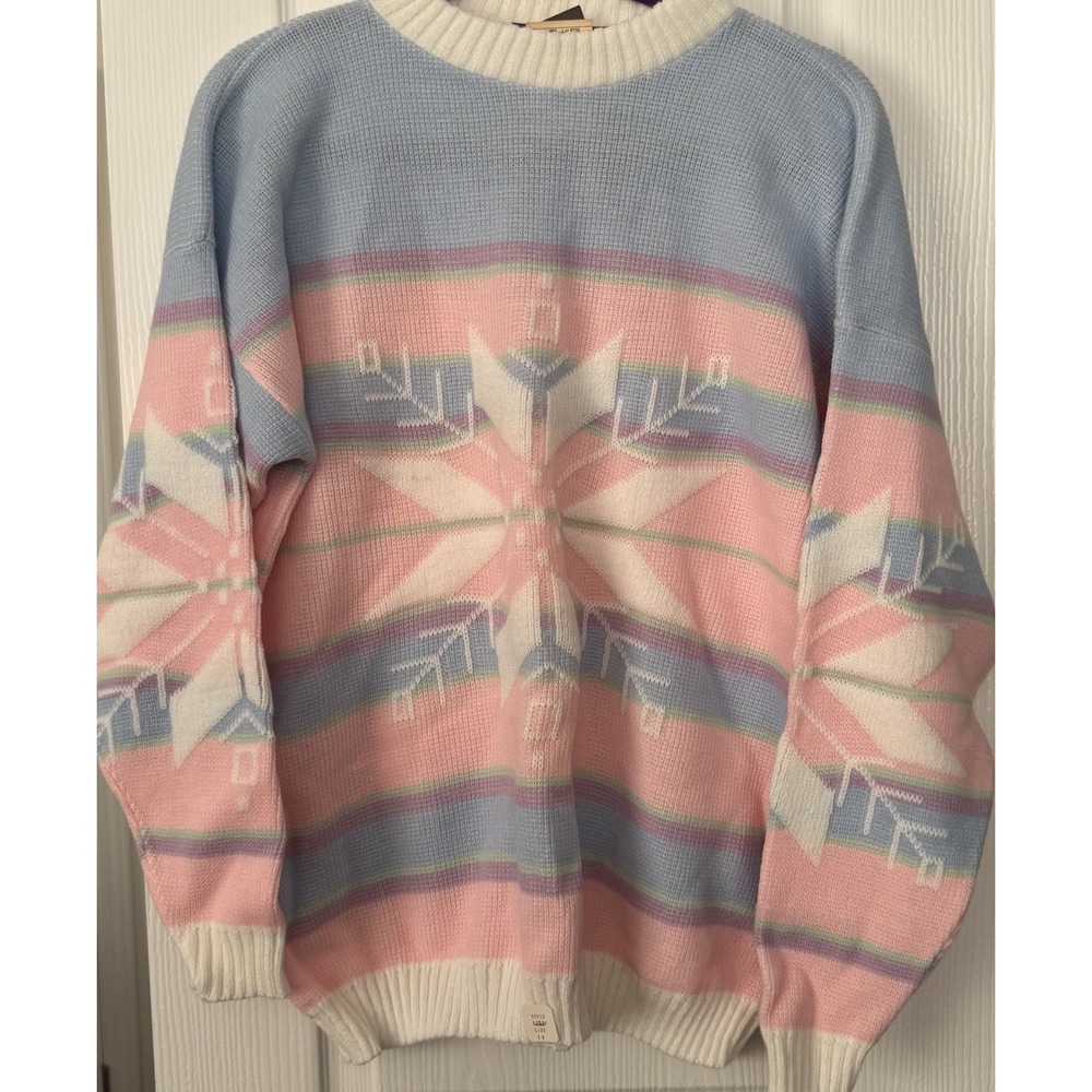 Vtg Liz Baker Pastel Pink White Snowflake Ski Sweater 80s 90s NOS Size 1X